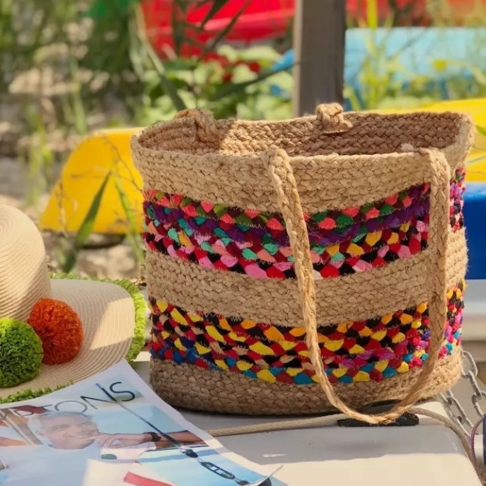 NEW Straw tote turquoise multi-color, Hand Crafted, Sustainable Bag NWT raffia